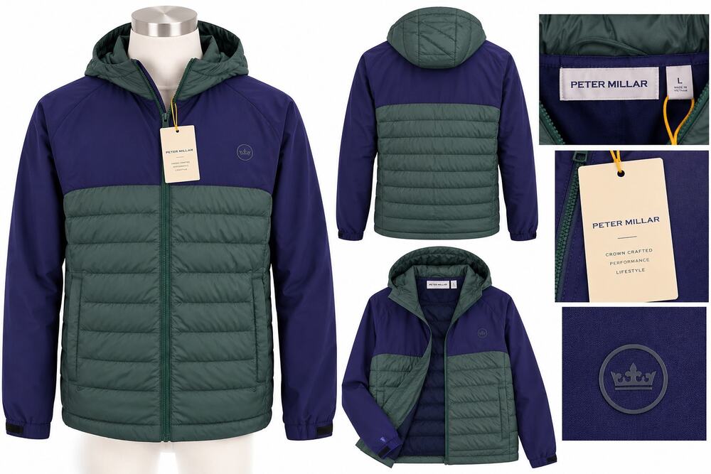 Peter Millar Men’s Hooded Quilted Jacket – Navy & Green